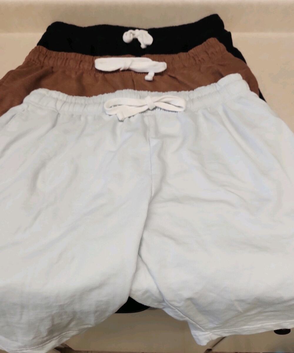 Men's Sweat Shorts 3-Pk Black Brown White XL Drawstring Elastic Waist & Pockets